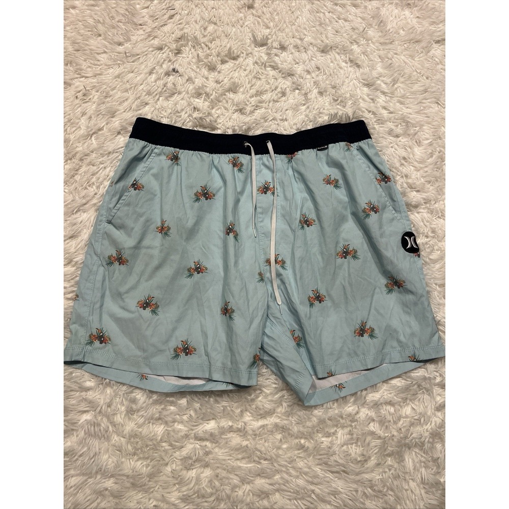 Hurley Men's XXL Light Blue Tropical Toucan Swim Trunks Board Shorts Hawaiian